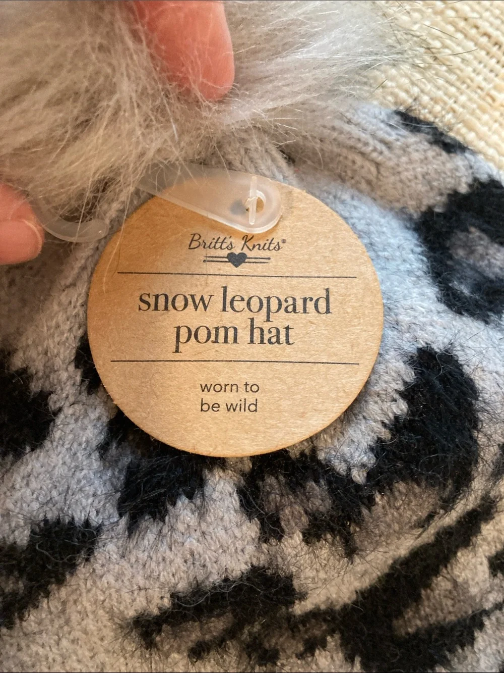 Britt’s & Knots Faux Fur Pom Leopard Knit Beanie - Light Gray NWT